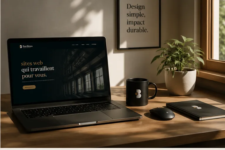 Bureau en bois, site Bardinus à l'écran, mug et carnet